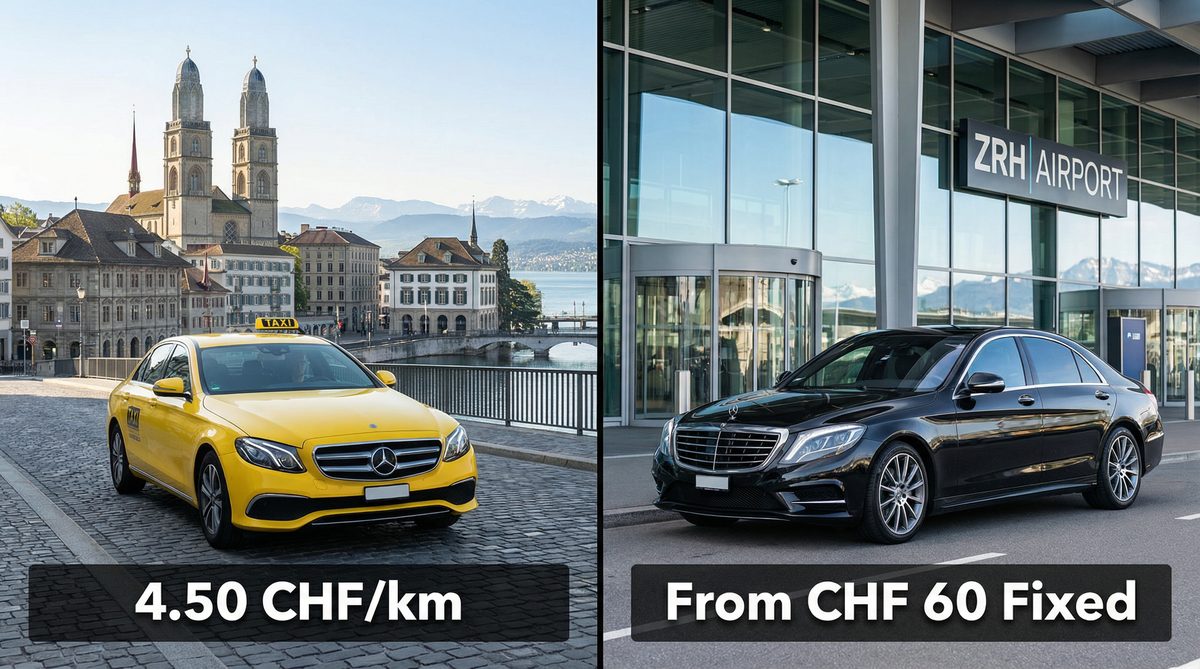 Side-by-side comparison of a Swiss yellow taxi and a black Mercedes S-Class private transfer at Zurich Airport